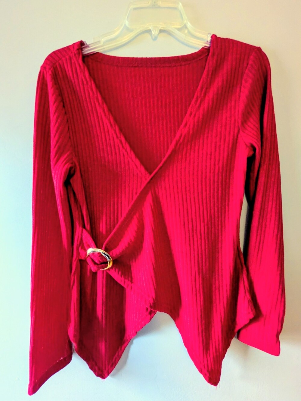 Women's Elegant Red Wrap Top with Ring Detail Sz. M